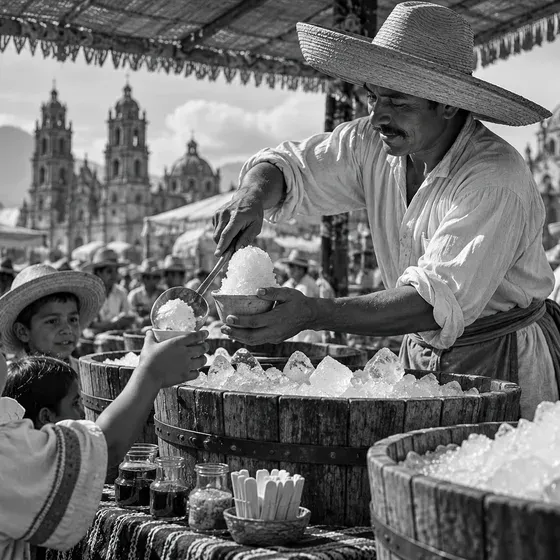 Nevero sirviendo nieve a niñas y niños en un puesto tradicional